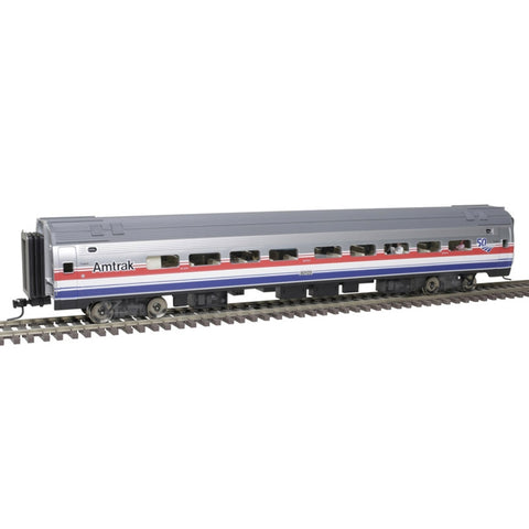 O scale pasenger car with Amtrak red, white and blue stripe down the side and 50th Anniversary logo