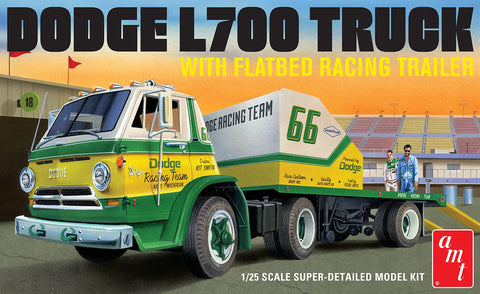 Box art for model kit of 1/25 Dodge L700 Truck with Flatbed Racing Trailer painted in green and yellow
