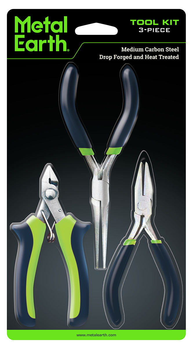 Metal Earth tool kit with three pliers on a black background