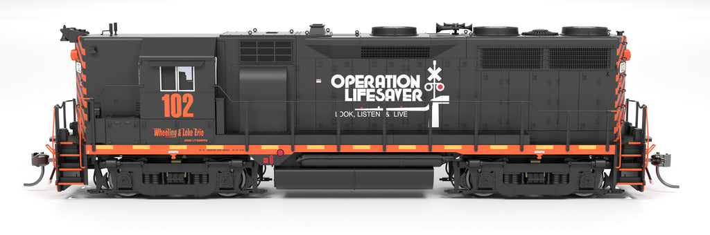Model train with 'Operation Lifesaver' branding on a white background