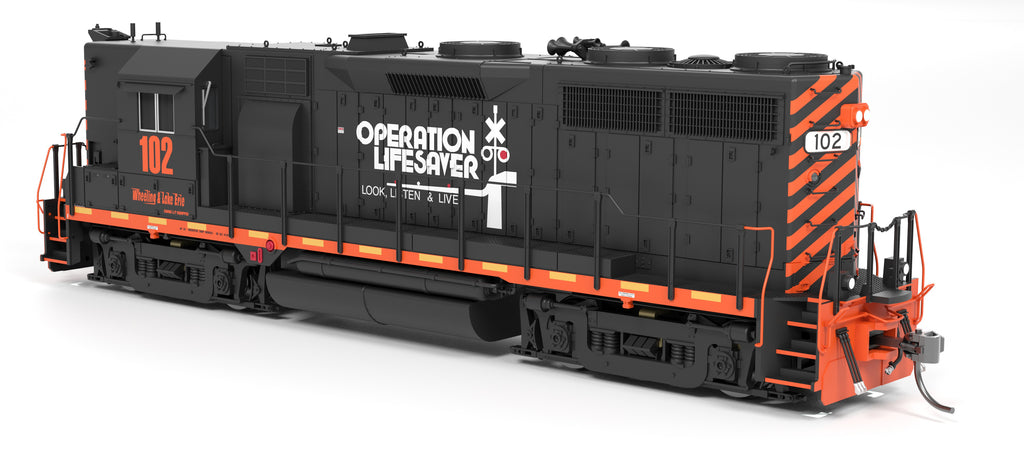 Model train engine with 'Operation Lifesaver' branding on a white background