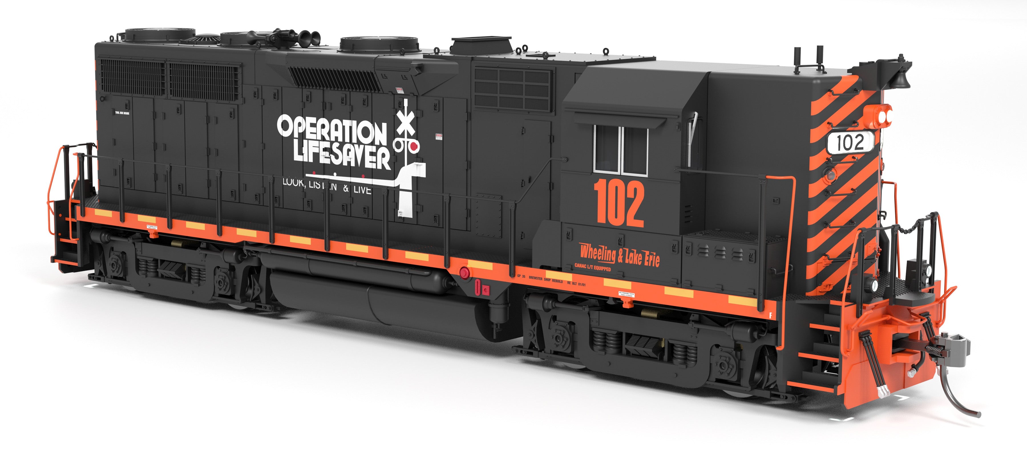 Model train with 'Operation Lifesaver' branding on a white background