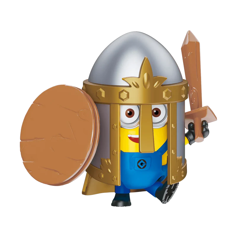 Minion figure in warrior costume with helmet, shield, and sword.