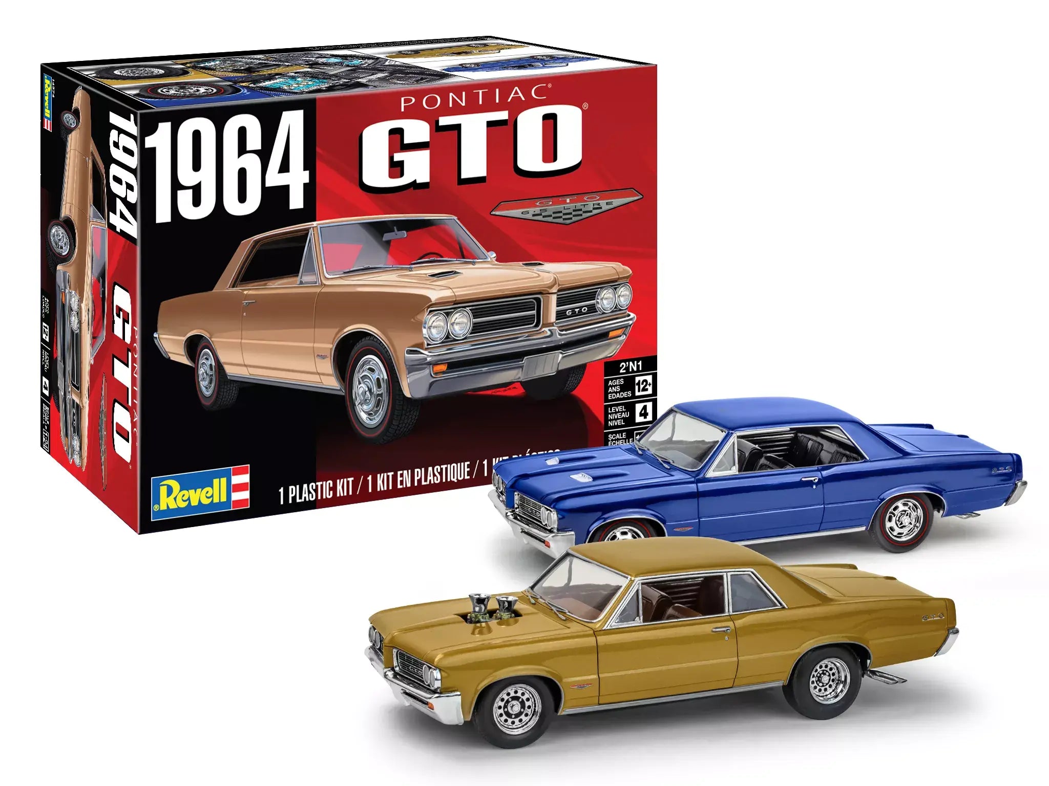 Model car kits of a 1964 Pontiac GTO with packaging on a white background