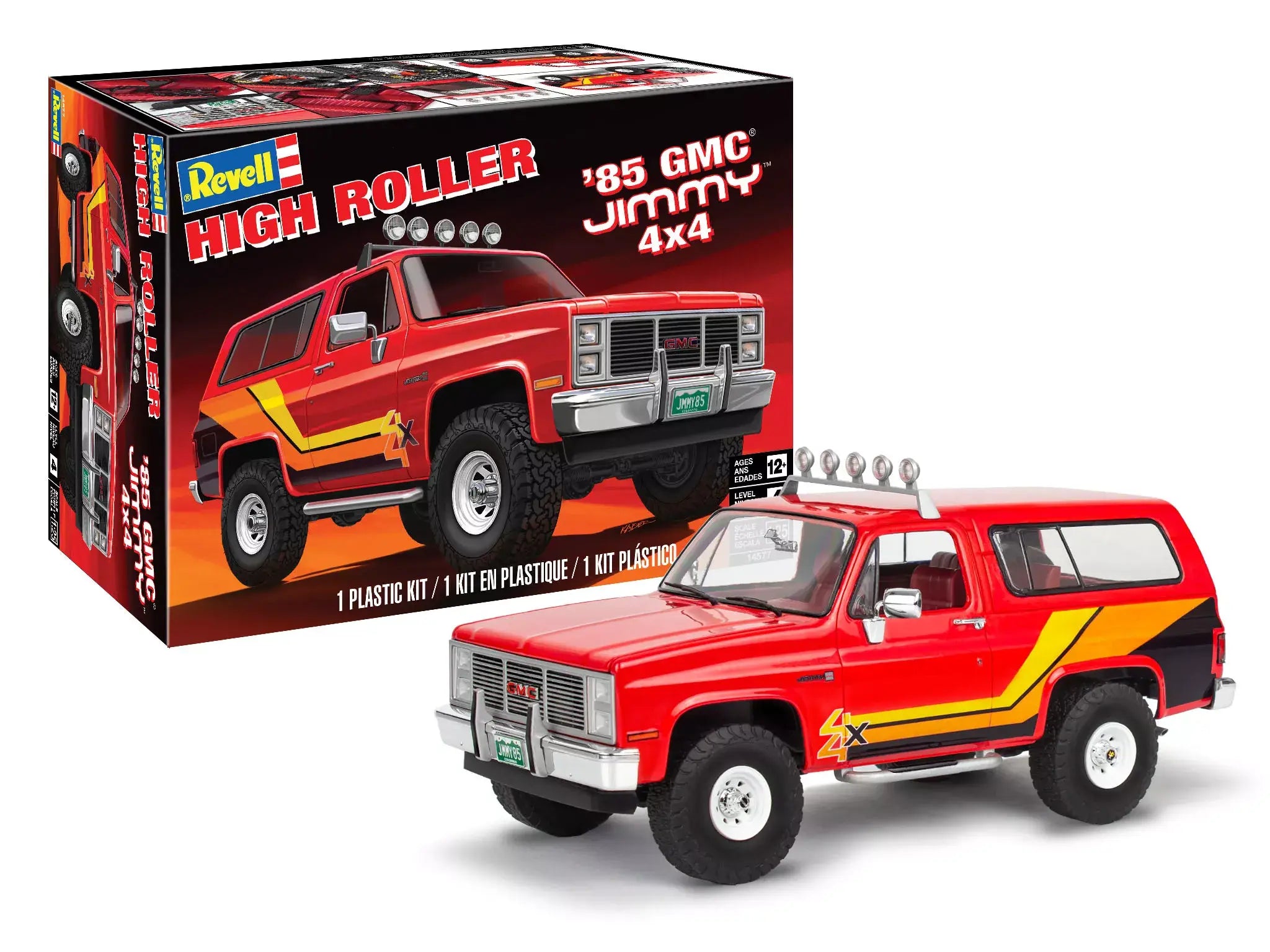 Model kit of a red '85 GMC Jimmy 4x4 with packaging