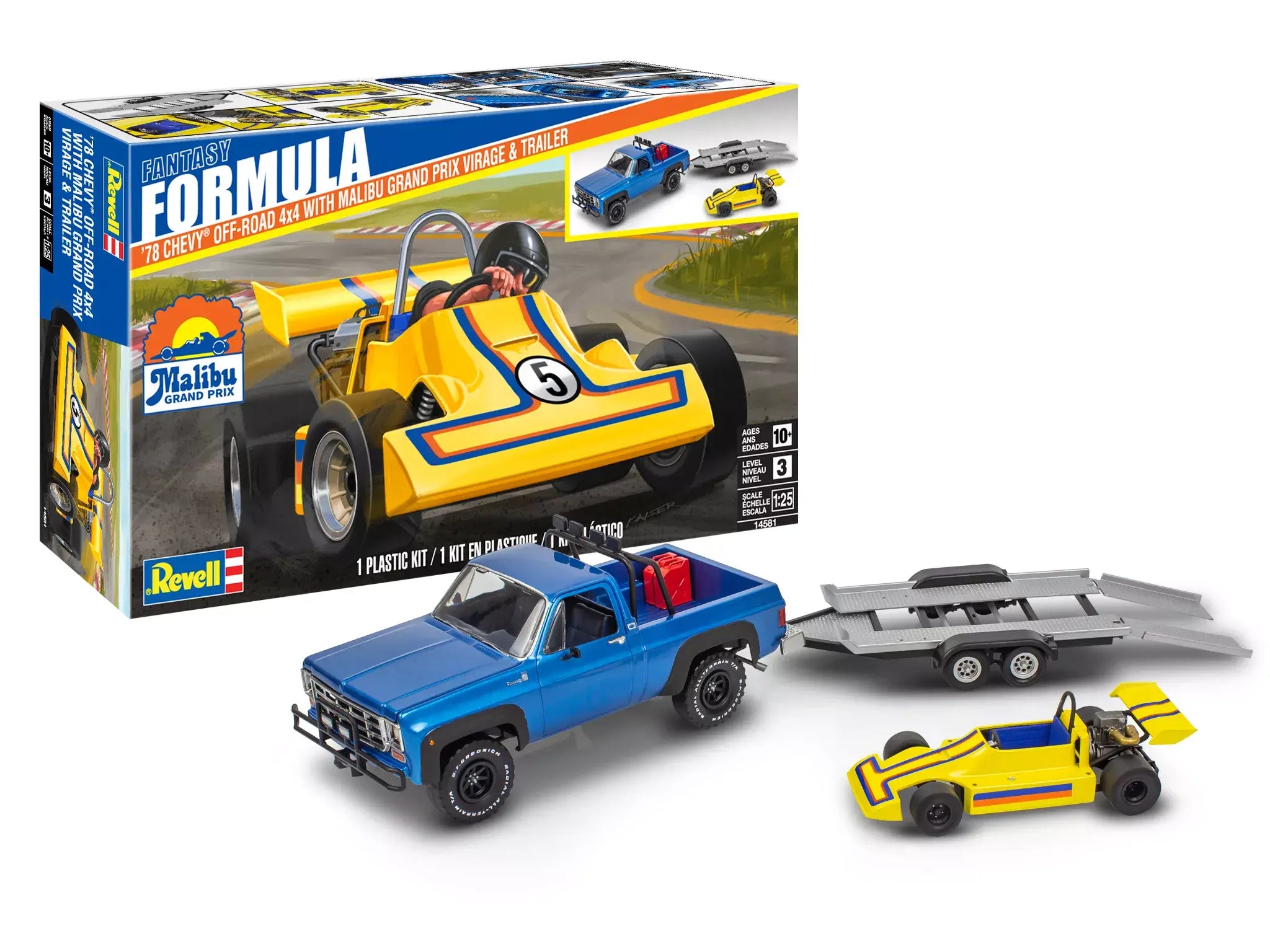 Model car kit packaging with a blue truck, yellow race car, and trailer on a white background.