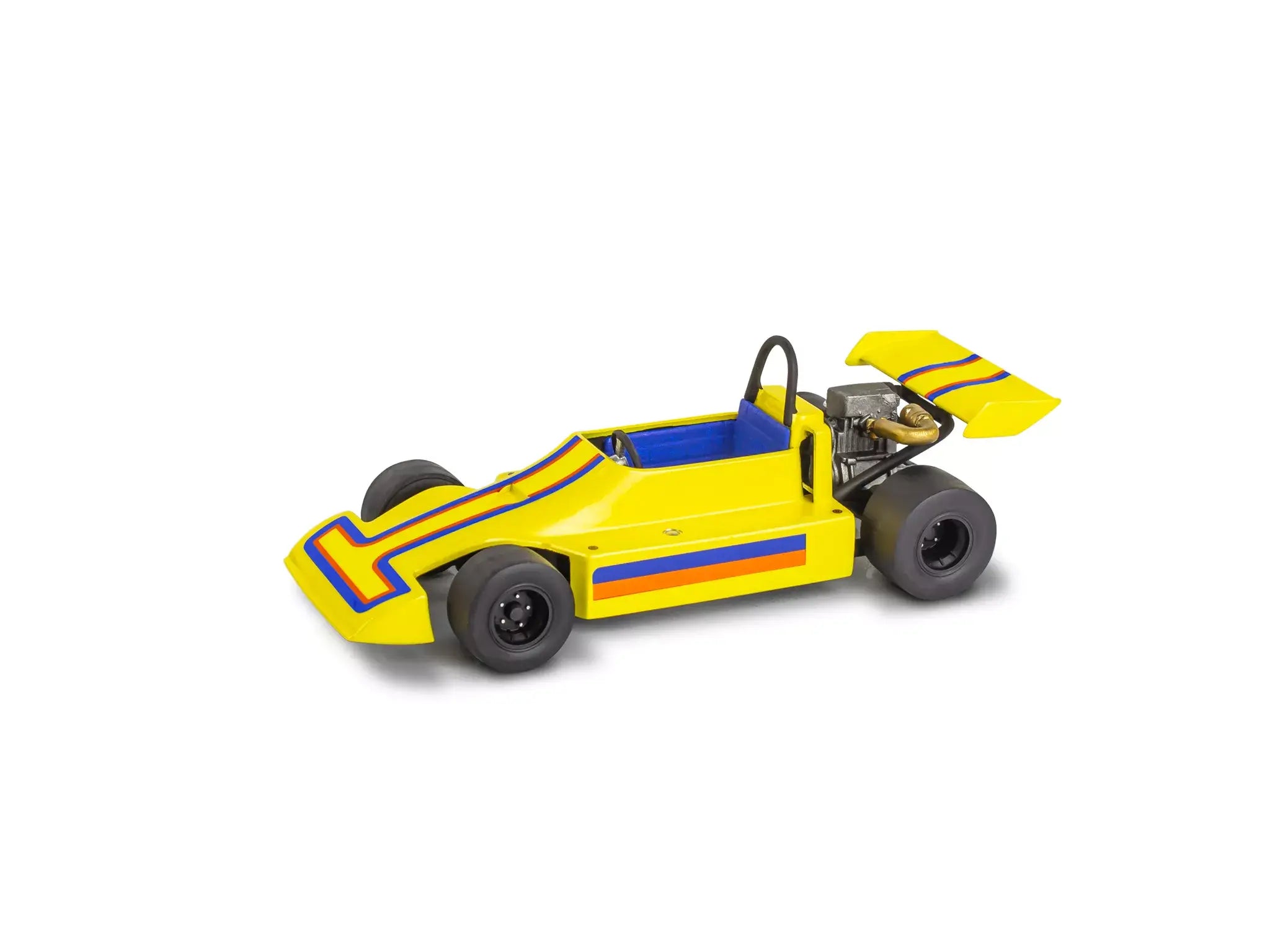 Yellow model race car with blue and red accents on a white background