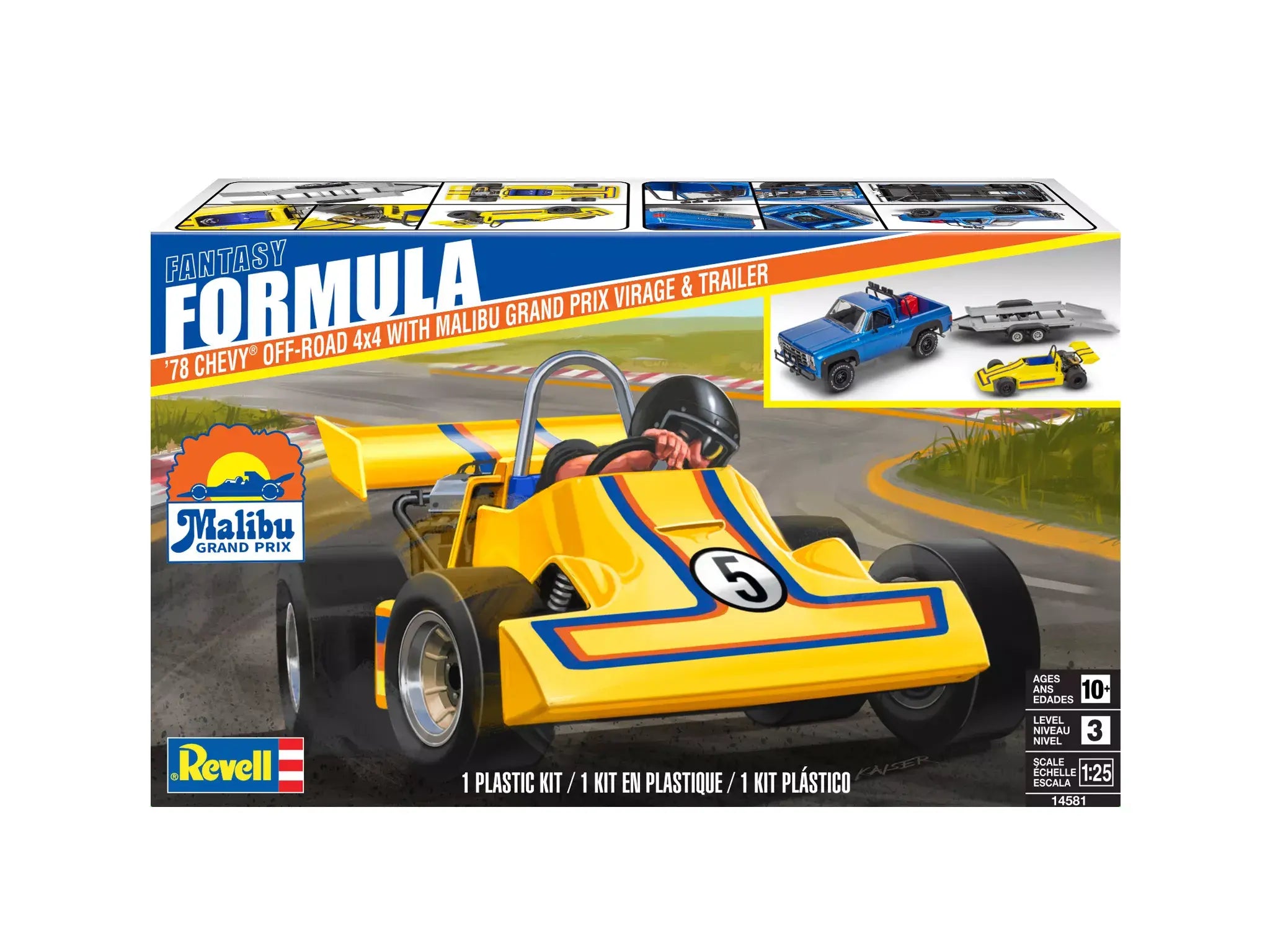 Model car kit packaging with a yellow race car.