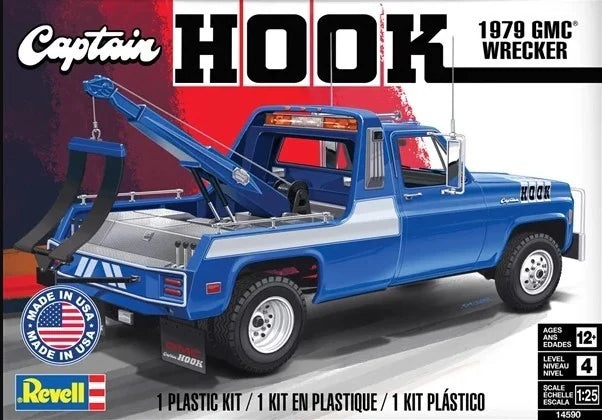 Model kit box for a 1979 GMC Wrecker truck with 'Captain Hook' branding.