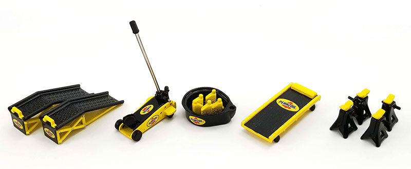 Yellow Pennzoil branded car jacks, ramps, creeper, oil bottles and oil drain pan.