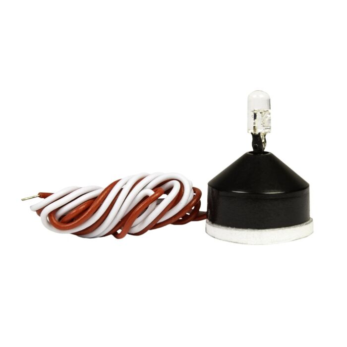 Small bulb on black base with red and white wires.