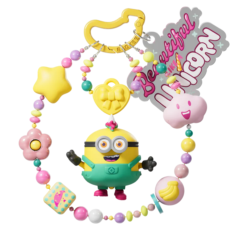 Colorful phone charm strap with attached Minion figure.