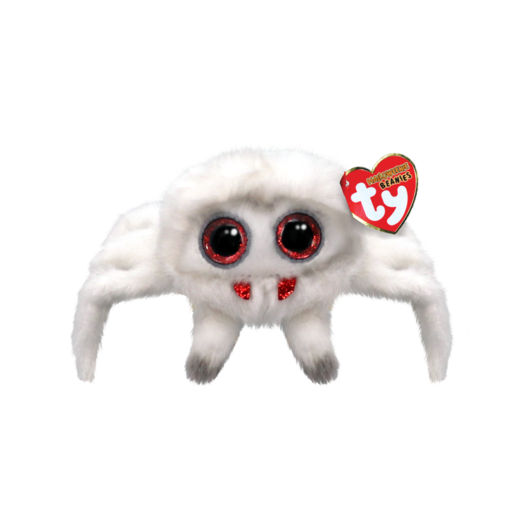 White spider with sparkly red fangs and eyes