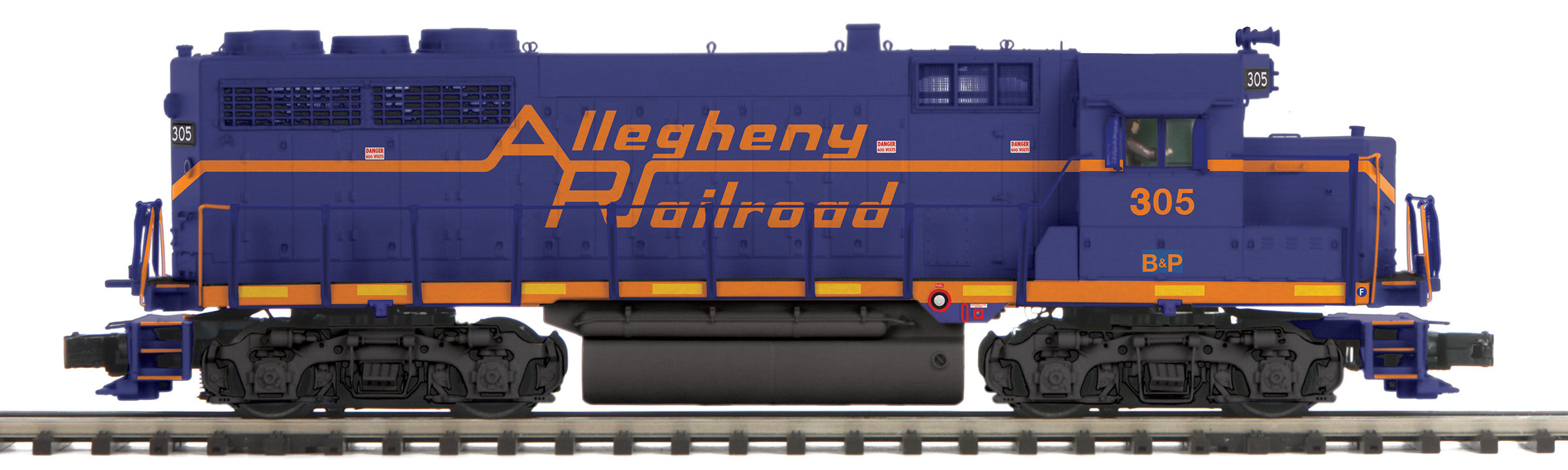 Model train engine with 'Allegheny Railroad' branding on a white background
