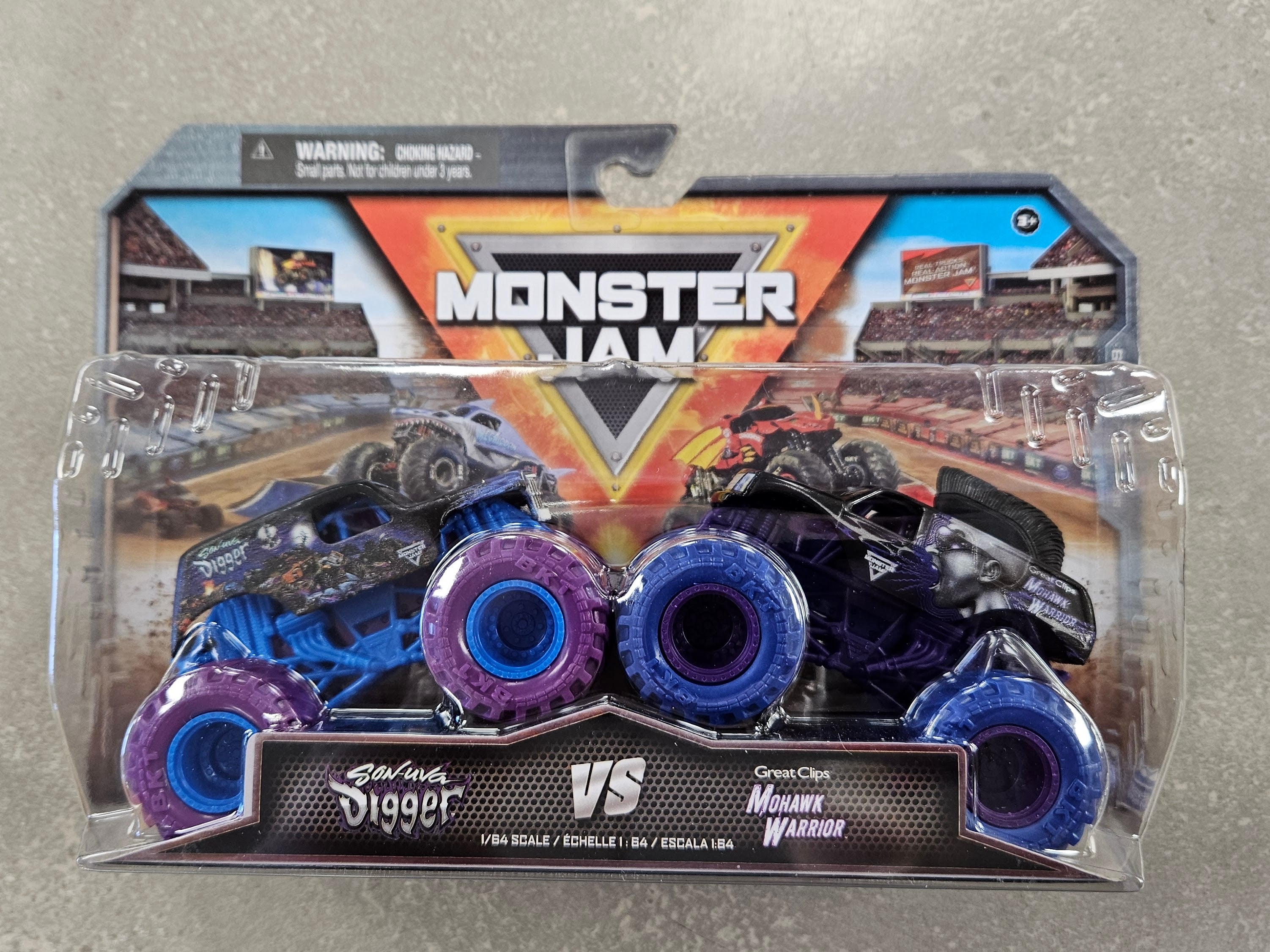 Two Pack of Monster JamTrucks with Son-Uva Digger and Mowark Warrior.