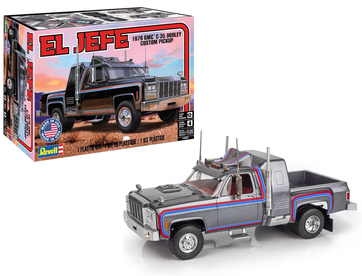 Model kit of 1979 GMC C-35 Dooley Custom Pickup painted gunmetal with red and blue stripes and matching box.