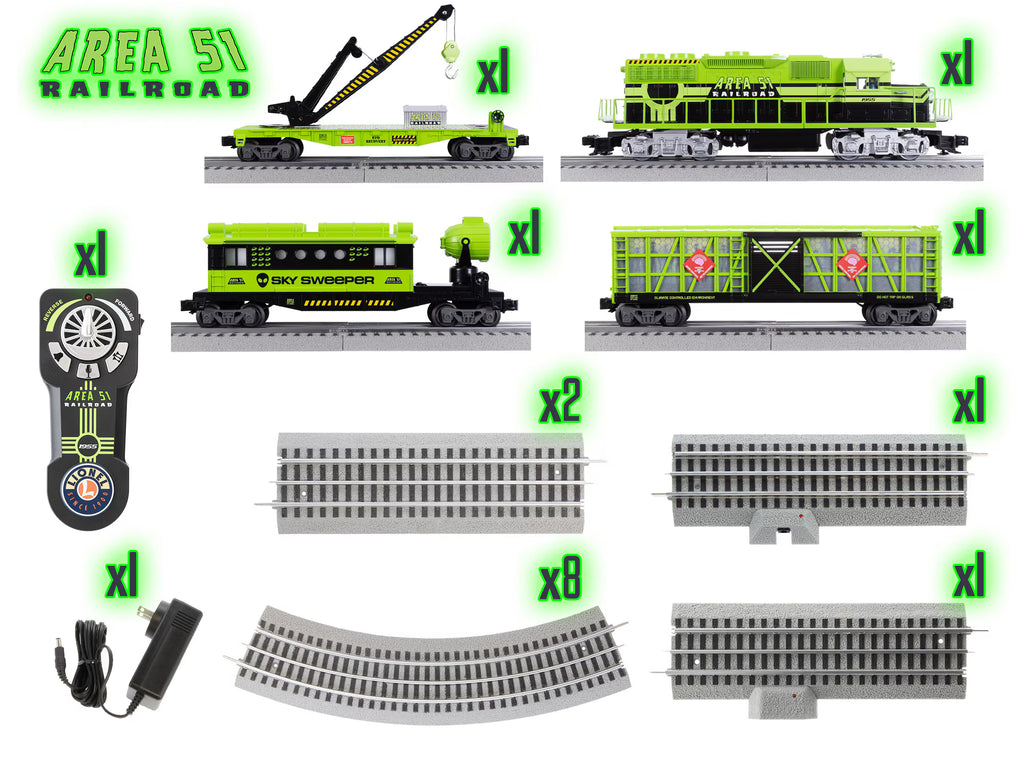 Area 51 train, train cars, remote, power supply, and train track.