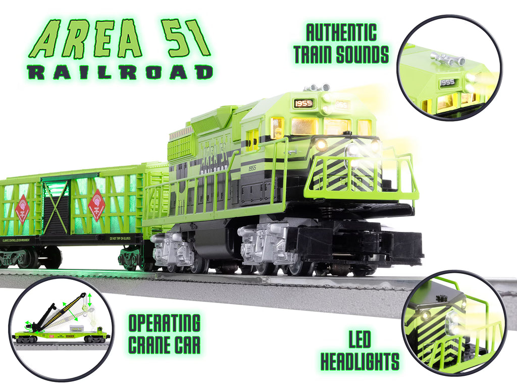 Area 51 themed train with labeled details.