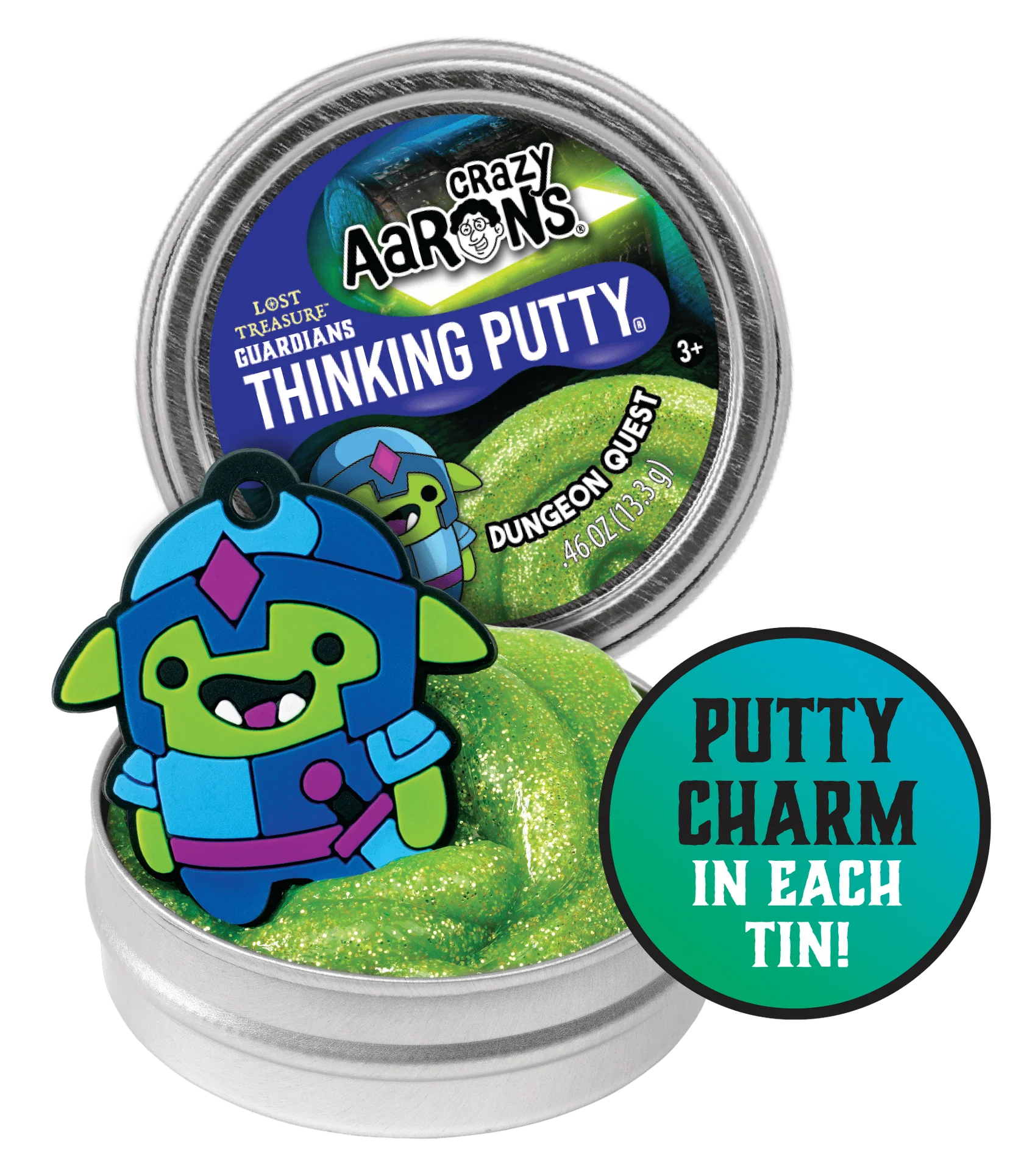 Open small tin with green putty and a charm of a small cartoon style knight.