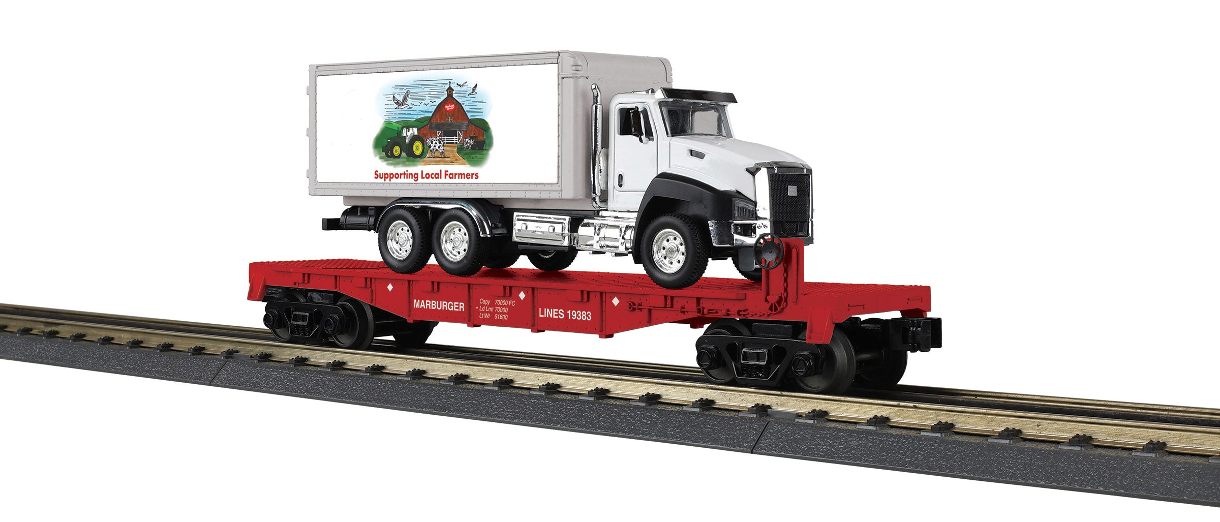 Model of red flat car with Marburger Box Truck load.
