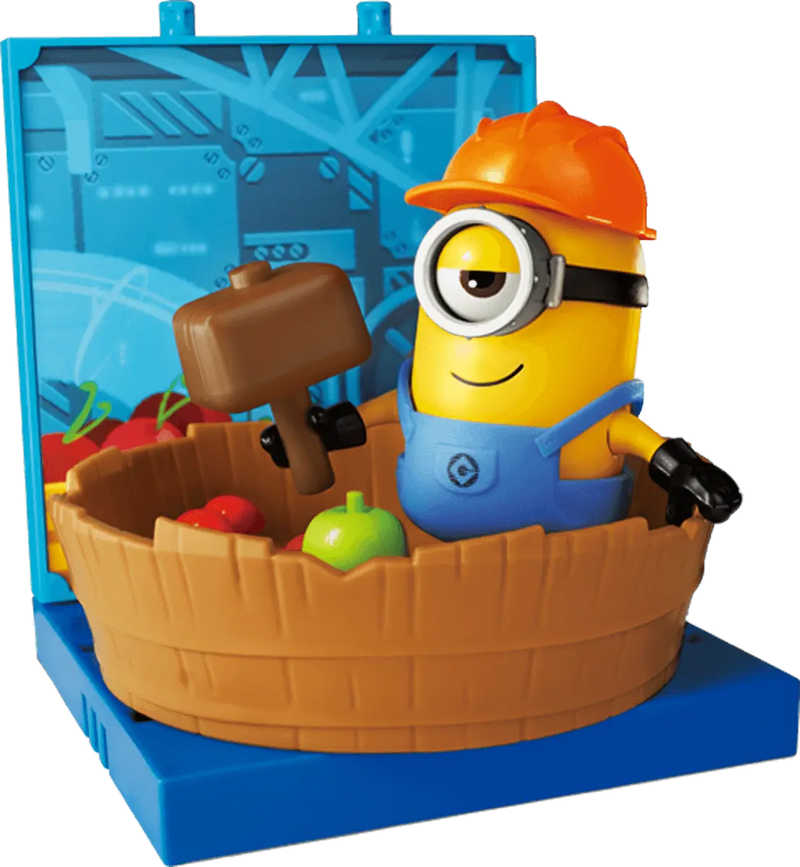Minion Figure in barrel smashing fruit.