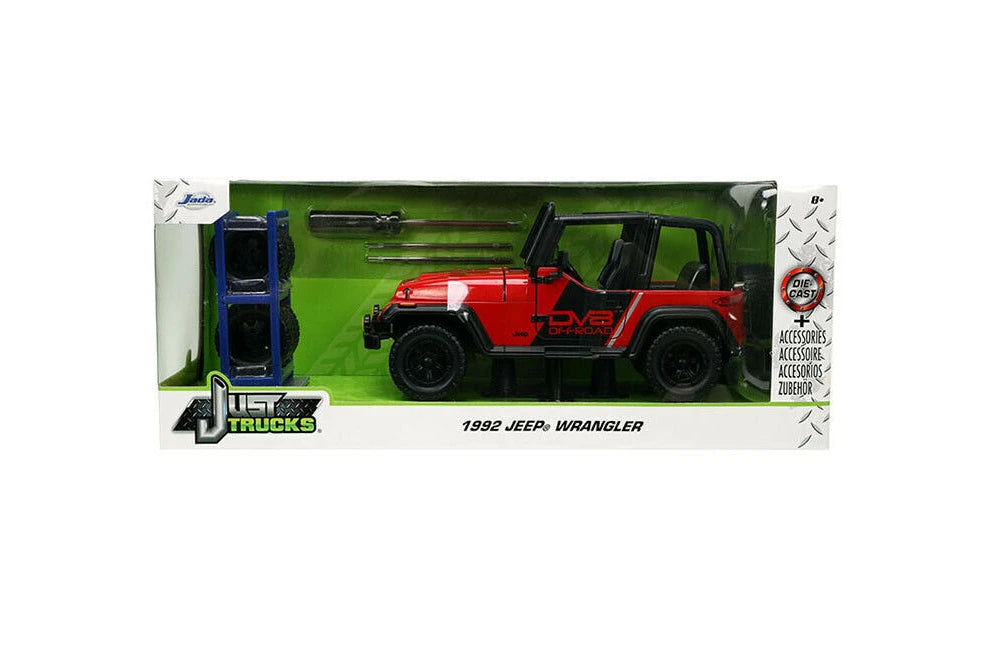 Model of a 1992 Jeep Wrangler in white and green box.