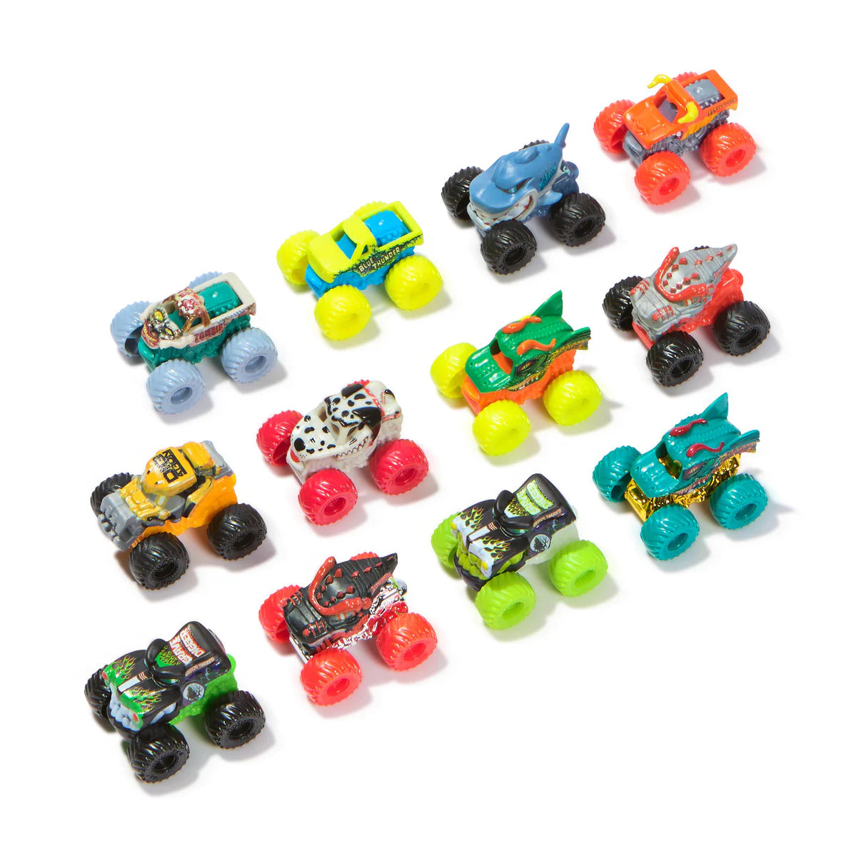 Collection of 12 colorful monster trucks.