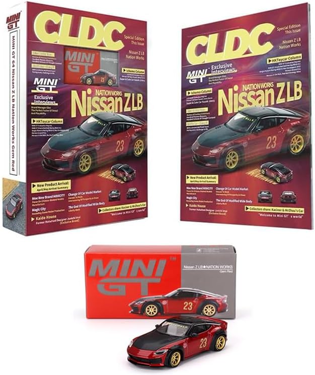 A 1/64 scale model of a red Nissan Z LB Nation Works Gem with packaging and magazine.