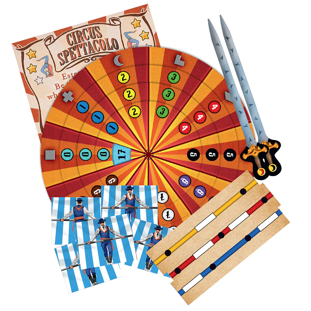 Circus-themed game set with a large wheel, cards, and props on a white background