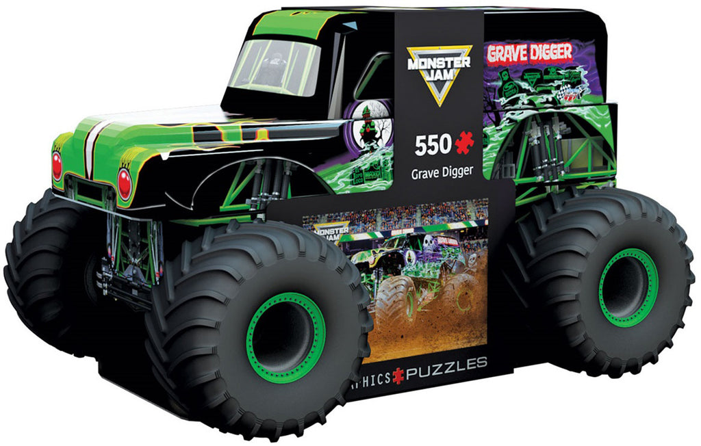 Monster truck tin package with 'Grave Digger' branding on a white background