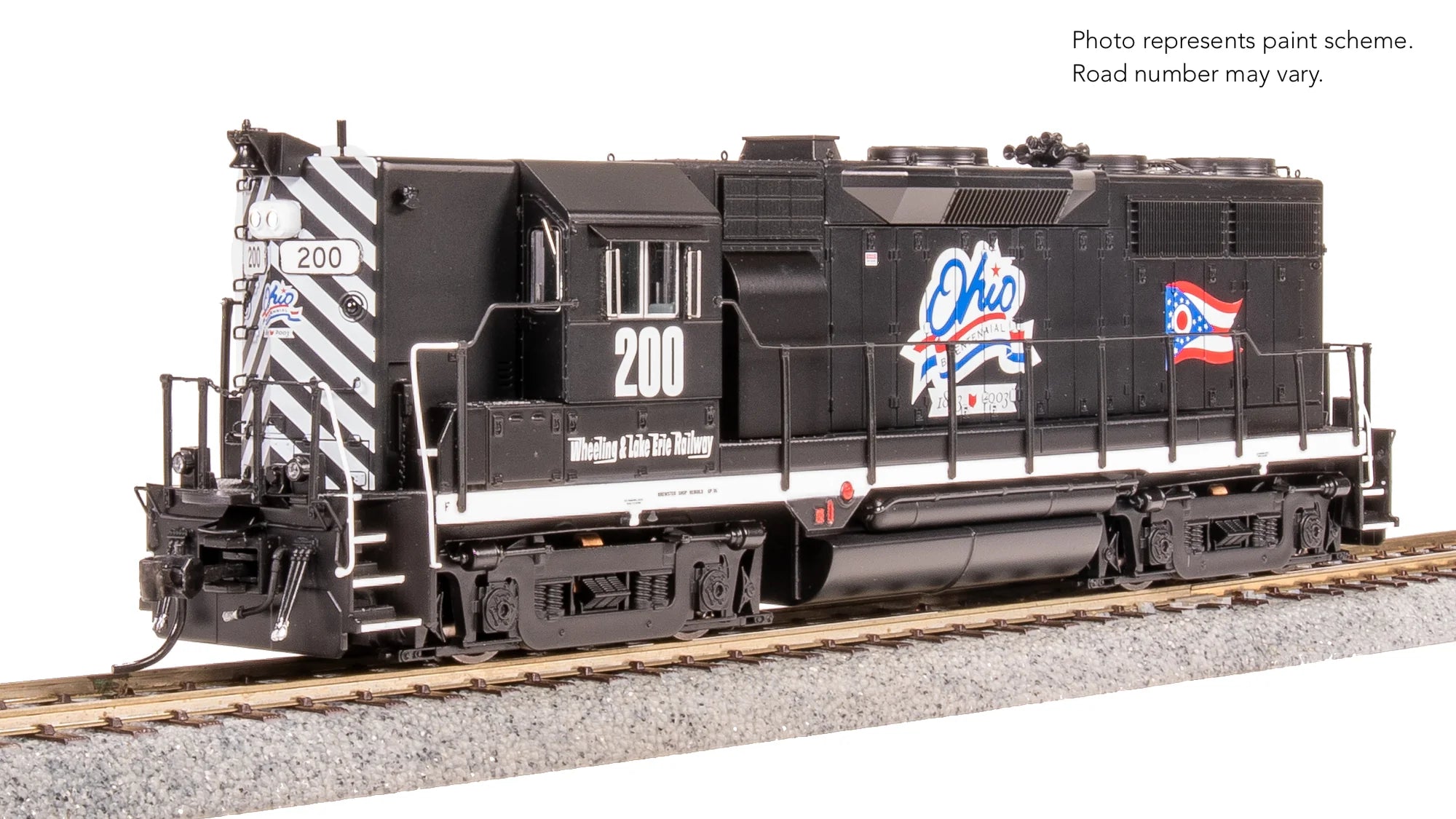 Model train of a Wheeling & Lake Erie GP35 in Ohio Bicentennial paint scheme.