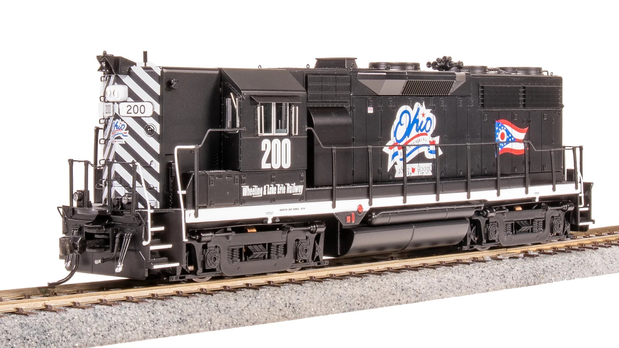 Model train of a Wheeling & Lake Erie GP35 in Ohio Bicentennial paint scheme.