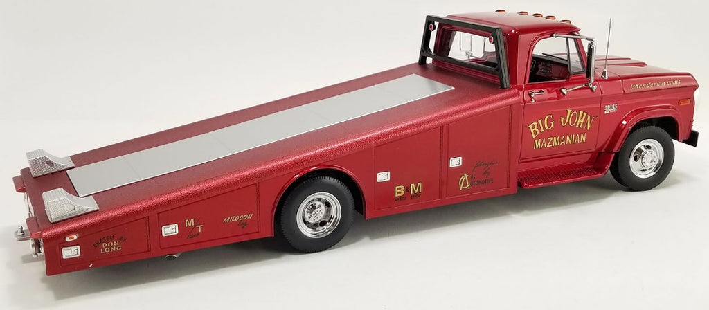 A 1/18 scale model of a 1970 Dodge D-300 Ramp Truck in red, with the "Big John Mazmanian" branding on the side.
