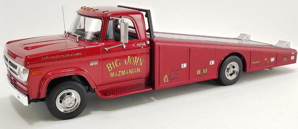 A 1/18 scale model of a 1970 Dodge D-300 Ramp Truck in red, with the "Big John Mazmanian" branding on the side.