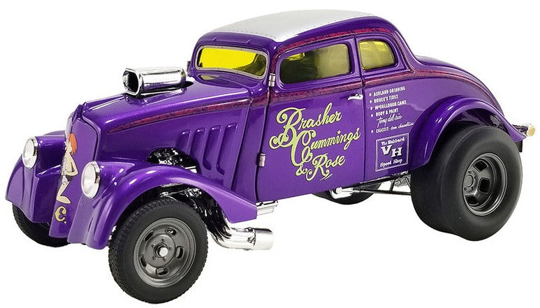 1/18 scale diecast model of a 1933 Willys Gasser Purple with the brand name 'Brasher, Cummings & Rose' on the side.