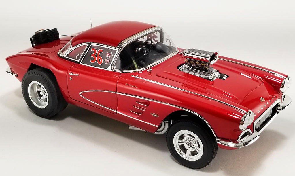 1/18 scale model of a red 1961 Chevrolet Corvette Gasser with the number 36 and 'Original Mazmanian' text on the side.