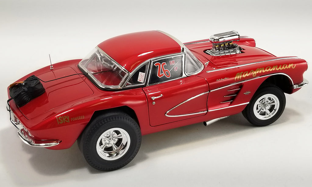 1/18 scale model of a red 1961 Chevrolet Corvette Gasser with the number 26 and a gold 'Mazmanian' decal.