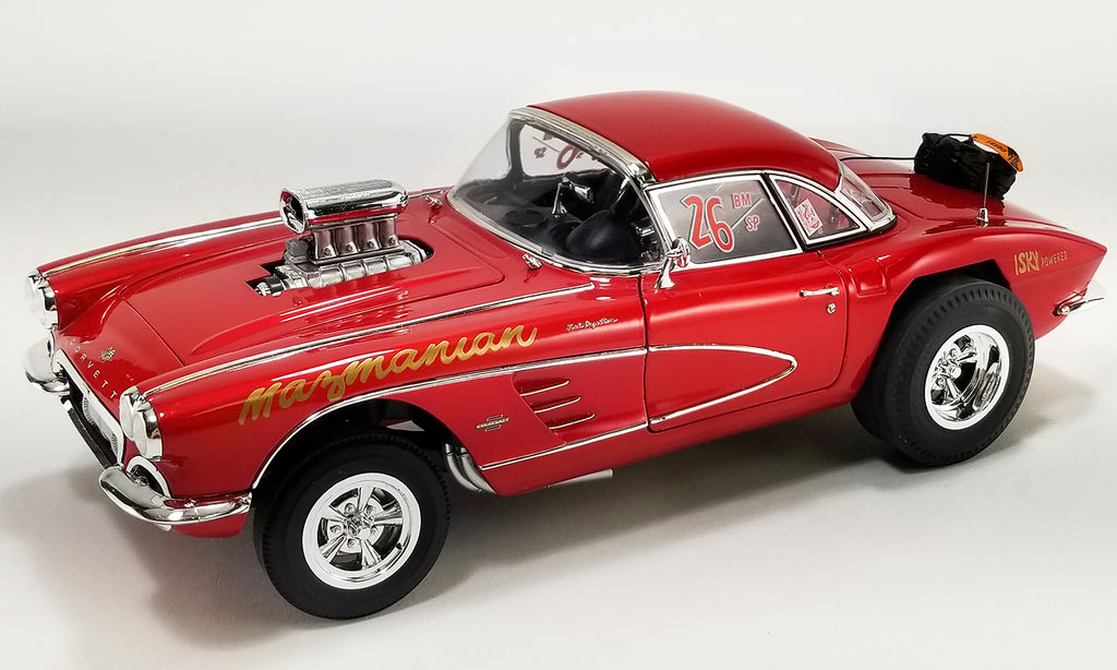 1/18 scale model of a red 1961 Chevrolet Corvette Gasser with the number 26 and a gold 'Mazmanian' decal.