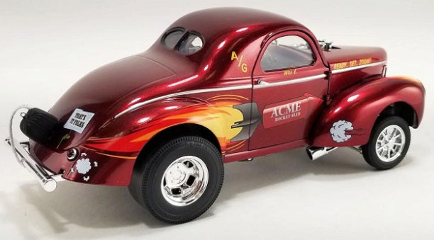 A 1/18 scale diecast model of a 1940 Gasser ACME Rocket Sled in red and gold colors.