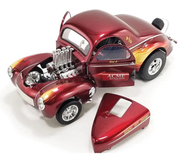 A 1/18 scale diecast model of a 1940 Gasser ACME Rocket Sled in red and gold colors with hood removed.