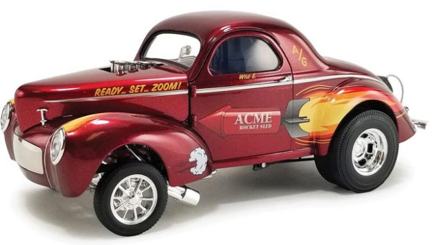A 1/18 scale diecast model of a 1940 Gasser ACME Rocket Sled in red and gold colors.