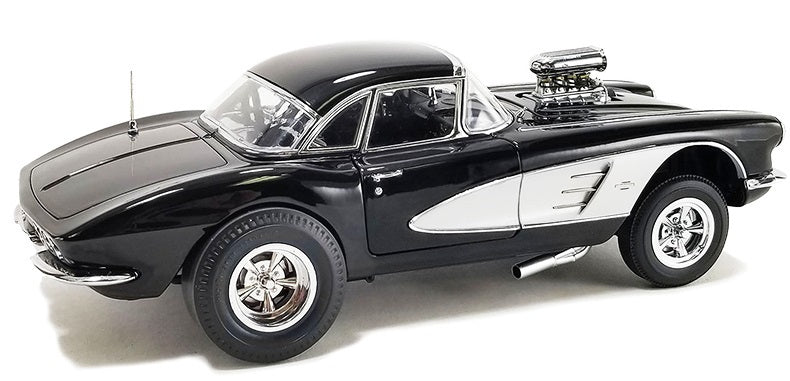 1/18 scale model of a 1961 Chevy Corvette Gasser Showtime in black color.