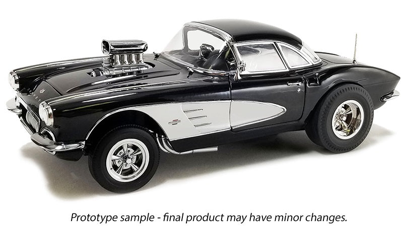 1/18 scale model of a 1961 Chevy Corvette Gasser Showtime in black color.