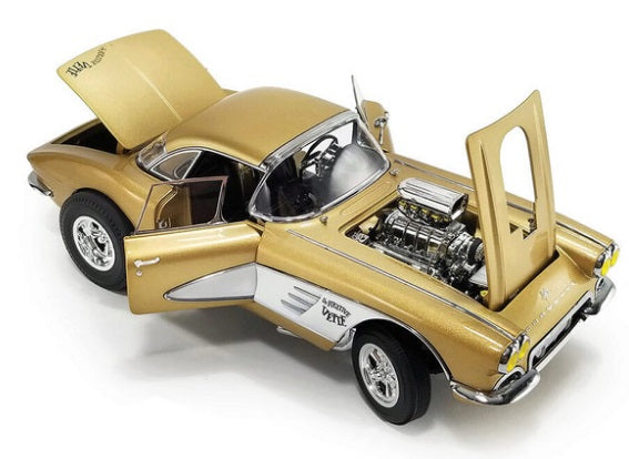 Overhead view of 1961 Corvette car with Gasser engine and open doors, hood, and trunk.