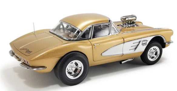 Rear and side view of 1961 Corvette car with Gasser engine coming through the hood.