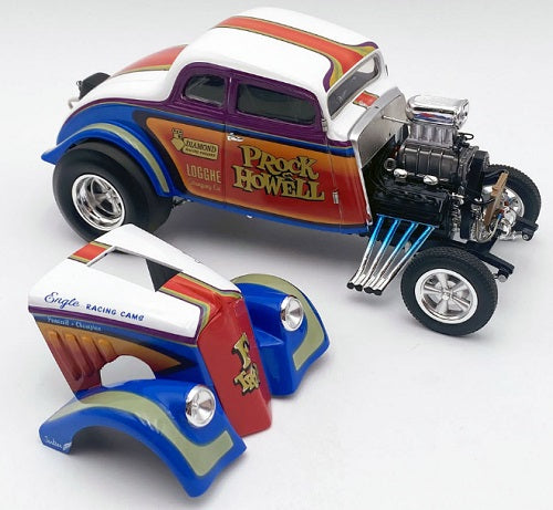 Colorful Gasser model car on a white background