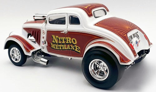 Model car of Willys Gasser with 'Nitro Methane' branding on a white background