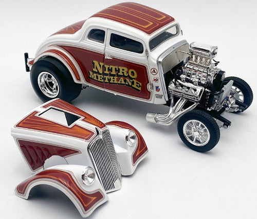 Model car of Willys Gasser with 'Nitro Methane' branding on a white background with the hood removed.