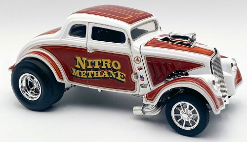 Model car of Willys Gasser with 'Nitro Methane' branding on a white background