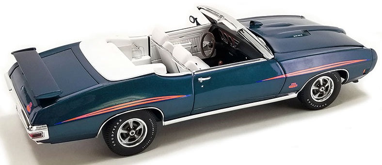 Rear and side view of blue Pontiac GTO with open roof.